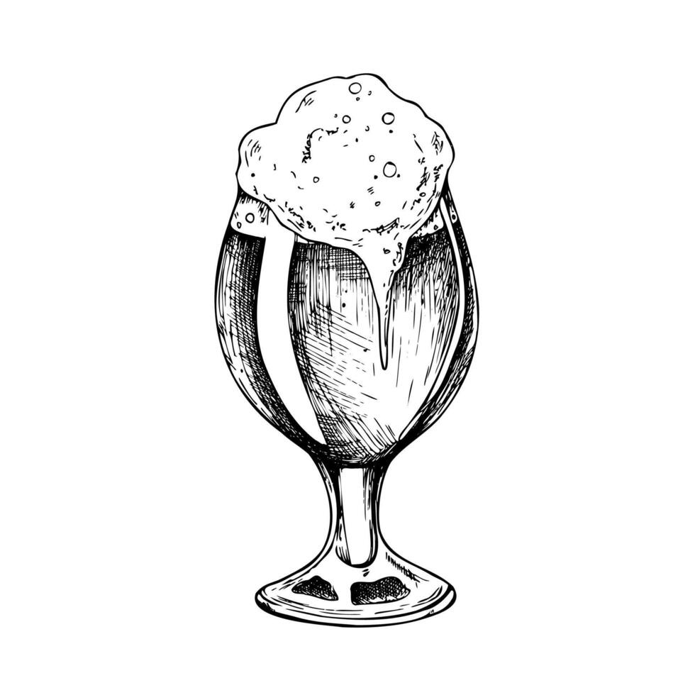Glass of beer with cap of foam. Graphic ink ale illustration isolated on background. Hand drawn line sketch. For designers, prints, logo, menu, postcards, wrapping paper, holiday, covers vector