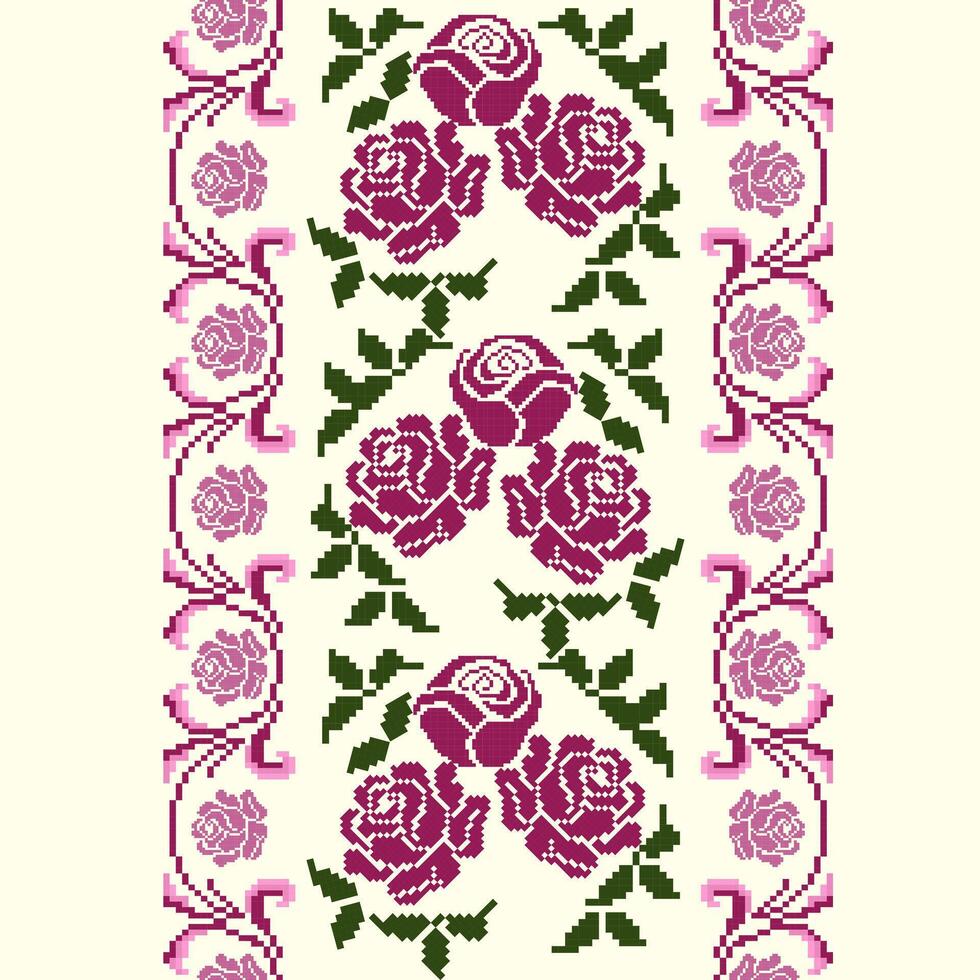 Classic Roses Pixel Design in Vibrant Pink and Green, Cross-Stitch Rose Pattern vector