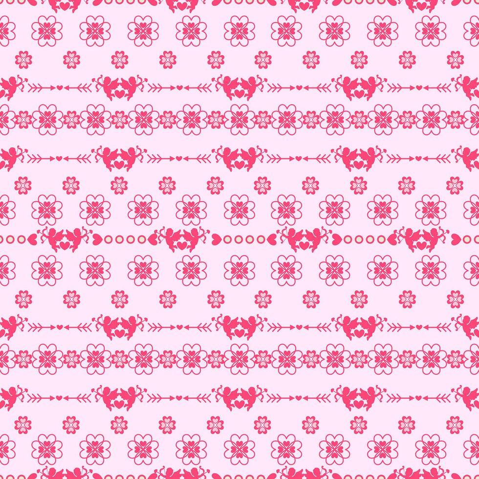 Seamless pink pattern and trendy geometric shapes with circles, hearts cupids in retro style for a Valentine's Day theme vector