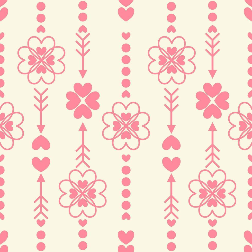 Pink geometric pattern with hearts, archery, and florals for decoration, wrapping paper, or fabric in the Valentine's concept vector