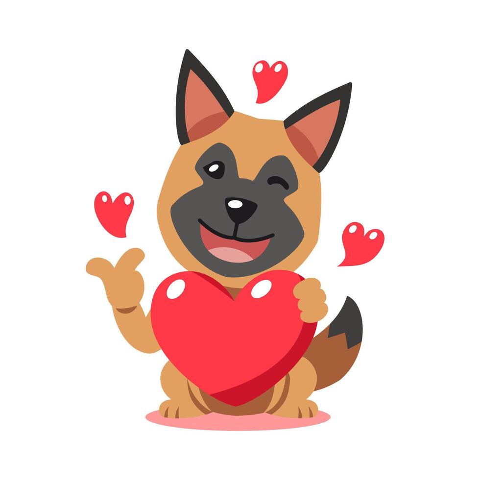 cartoon valentine cute german shepherd dog holding a big red heart vector