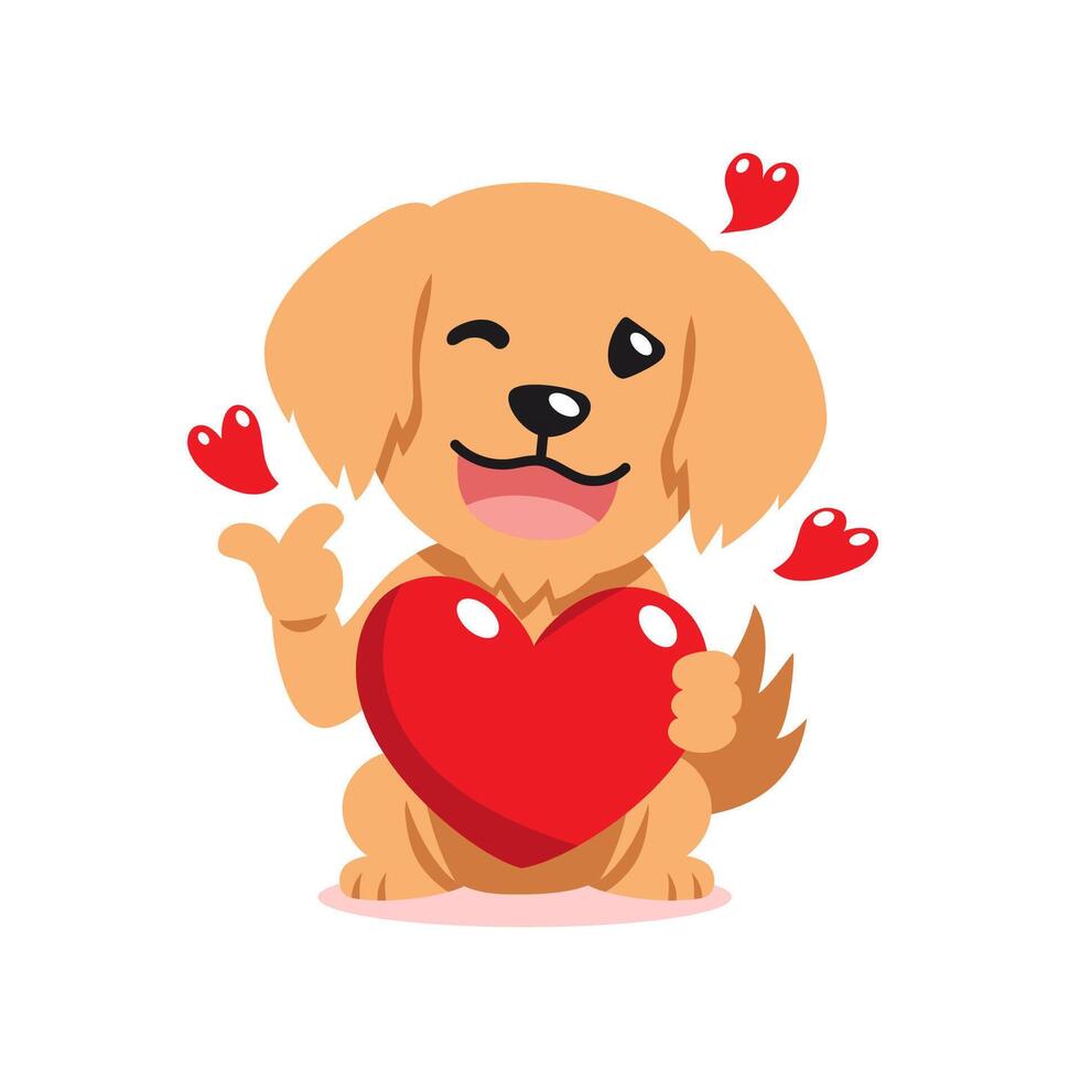 cartoon valentine cute golden retriever dog holding a big red heart vector