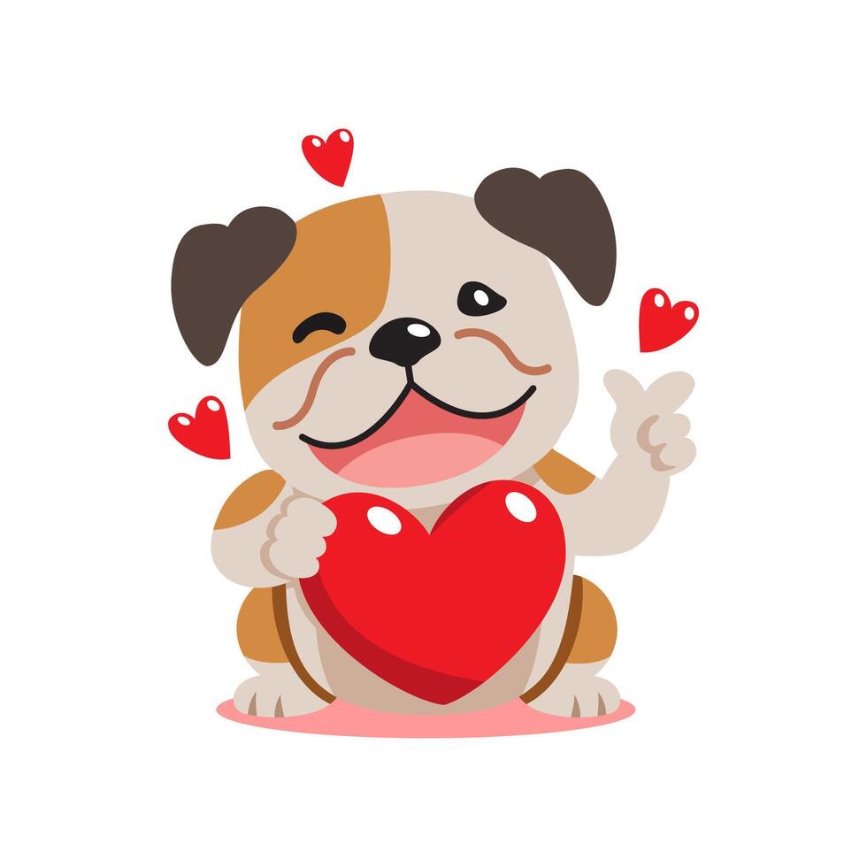 cartoon valentine cute bulldog holding a big red heart vector