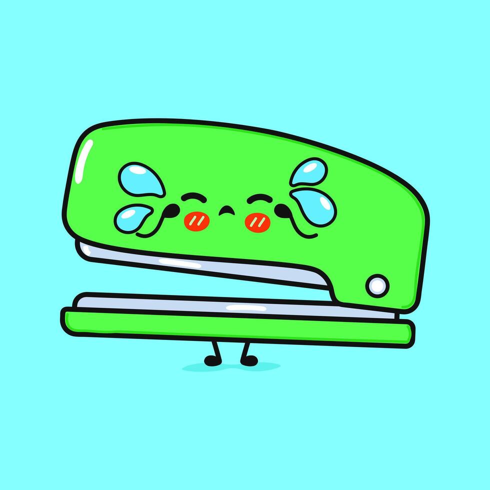 Crying Stapler character. hand drawn cartoon kawaii character illustration icon. Isolated on blue background. Sad Stapler character concept vector