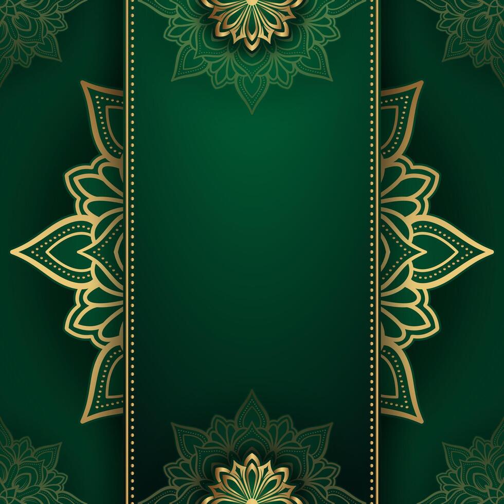 Green and gold background with ornate floral pattern vector