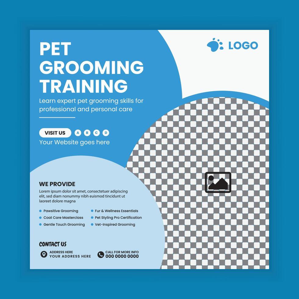 Pet grooming training center social media post design template and web post vector