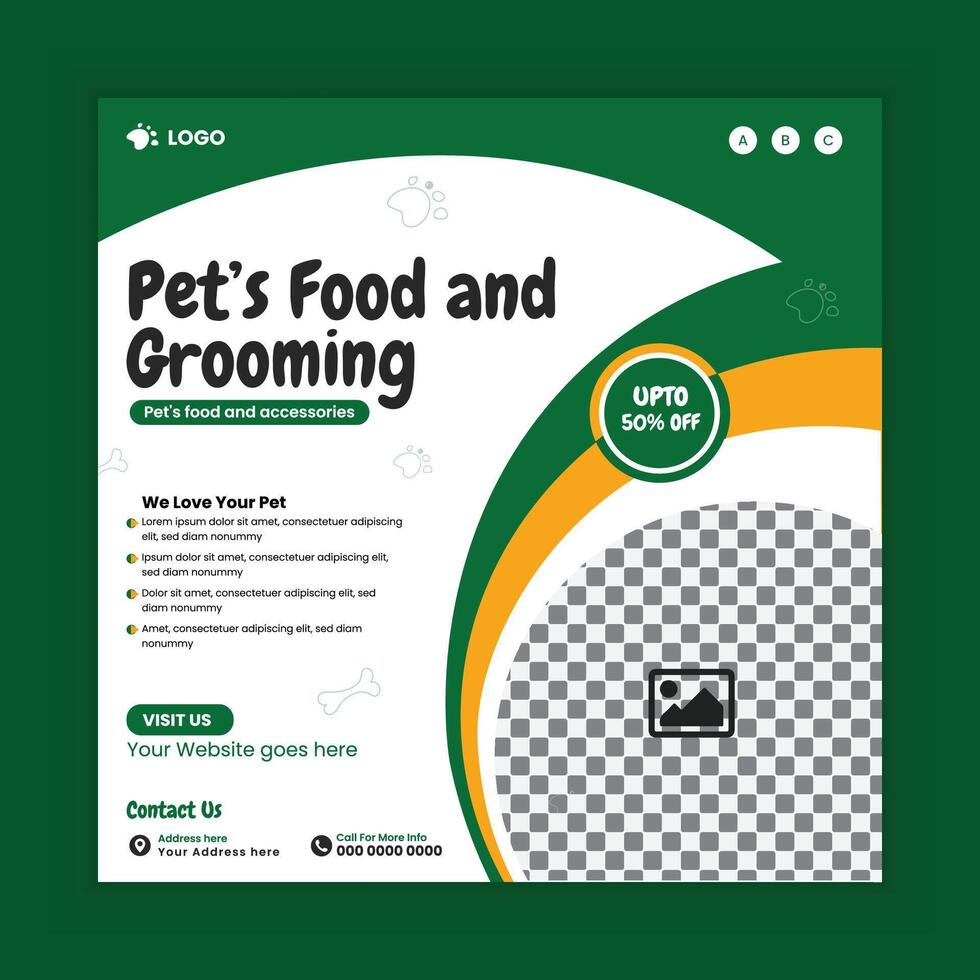 Pet Food and grooming Social Media Posts and Animal Goods Store online Post Square Flyer Design Template vector