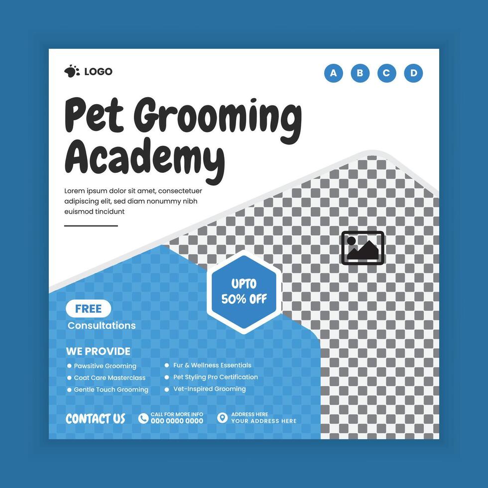 Pet grooming academy training center social media post design template vector