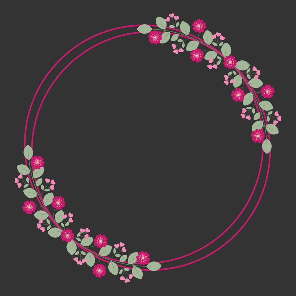Beautiful Circle Frame Decorated With Love Pink Fuchsia Flowers And Green Leaves vector