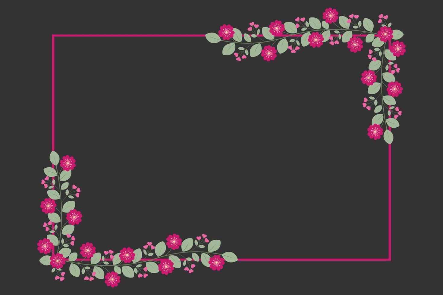 Rectangular Frame With Green Leaves And Love Pink Fuchsia Flowers vector