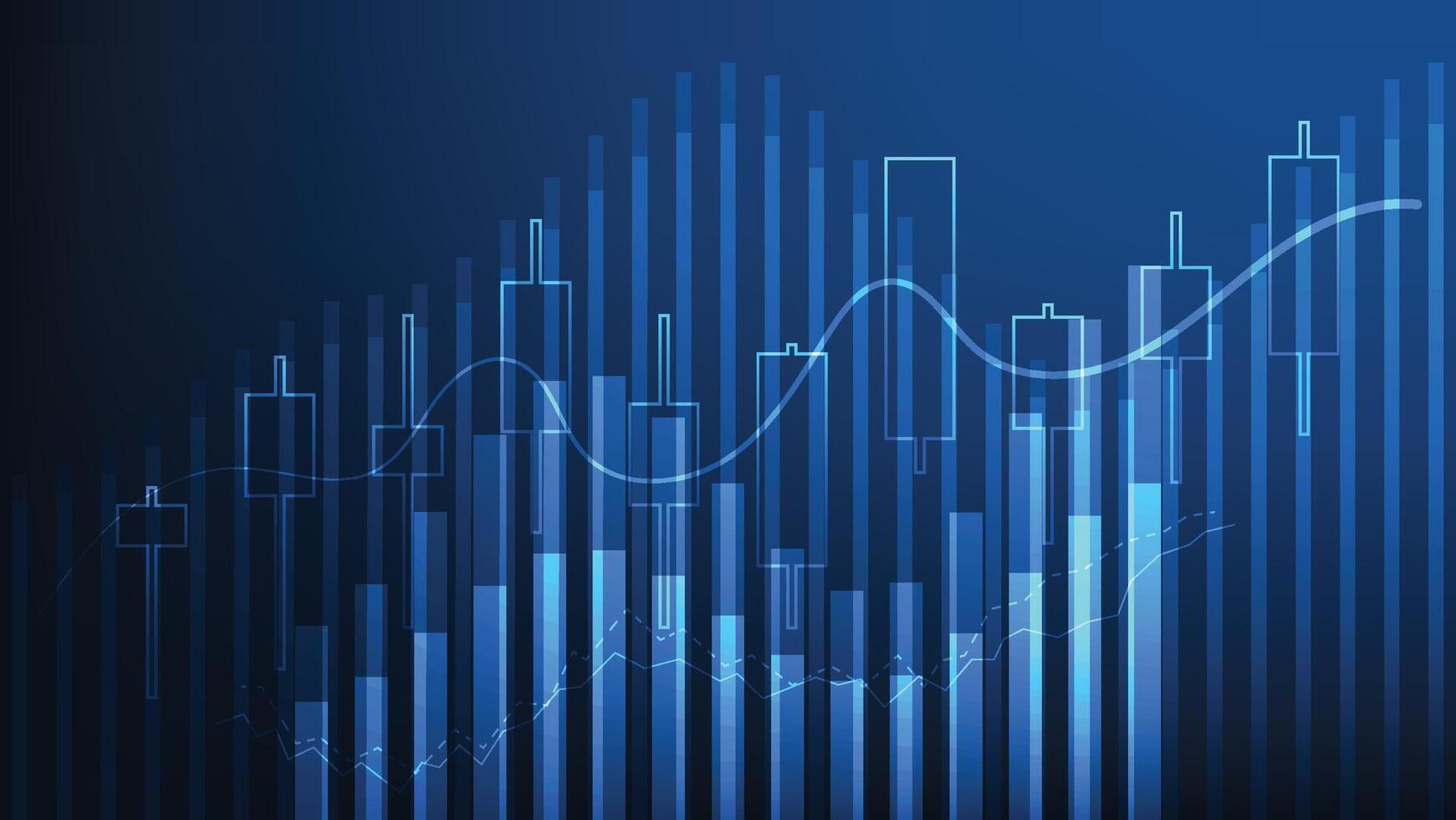 business and finance concept. bar graph and candlestick chart with lines on blue background vector