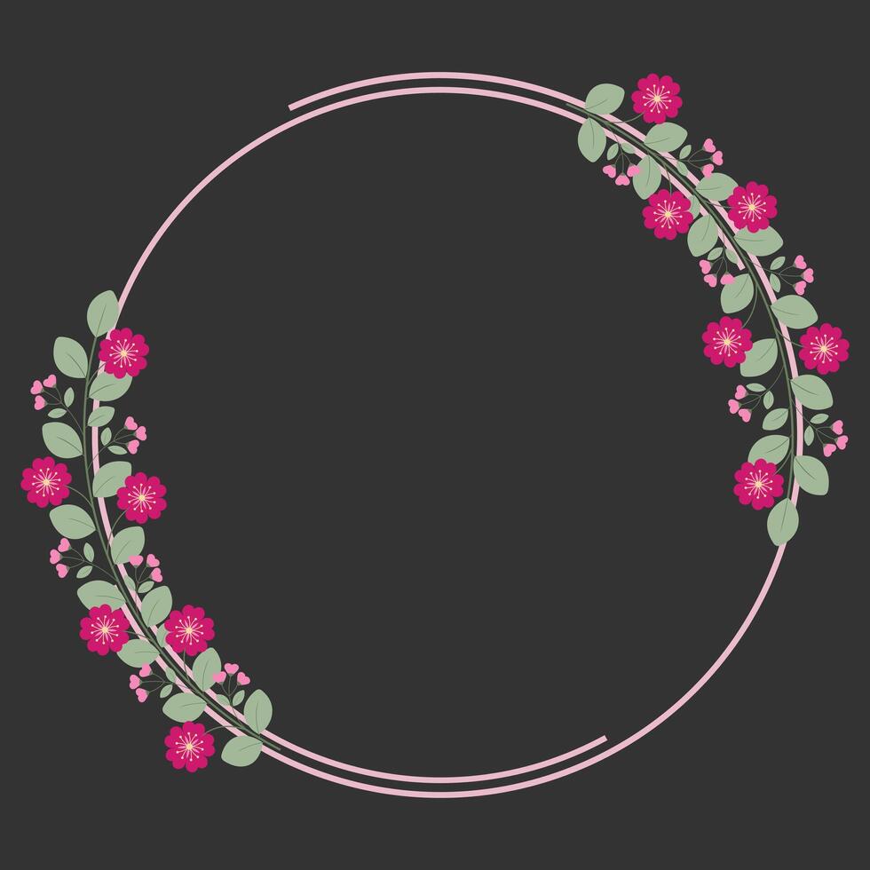Beautiful Circle Frame With Green Leaves And Love Pink Fuchsia Flowers vector