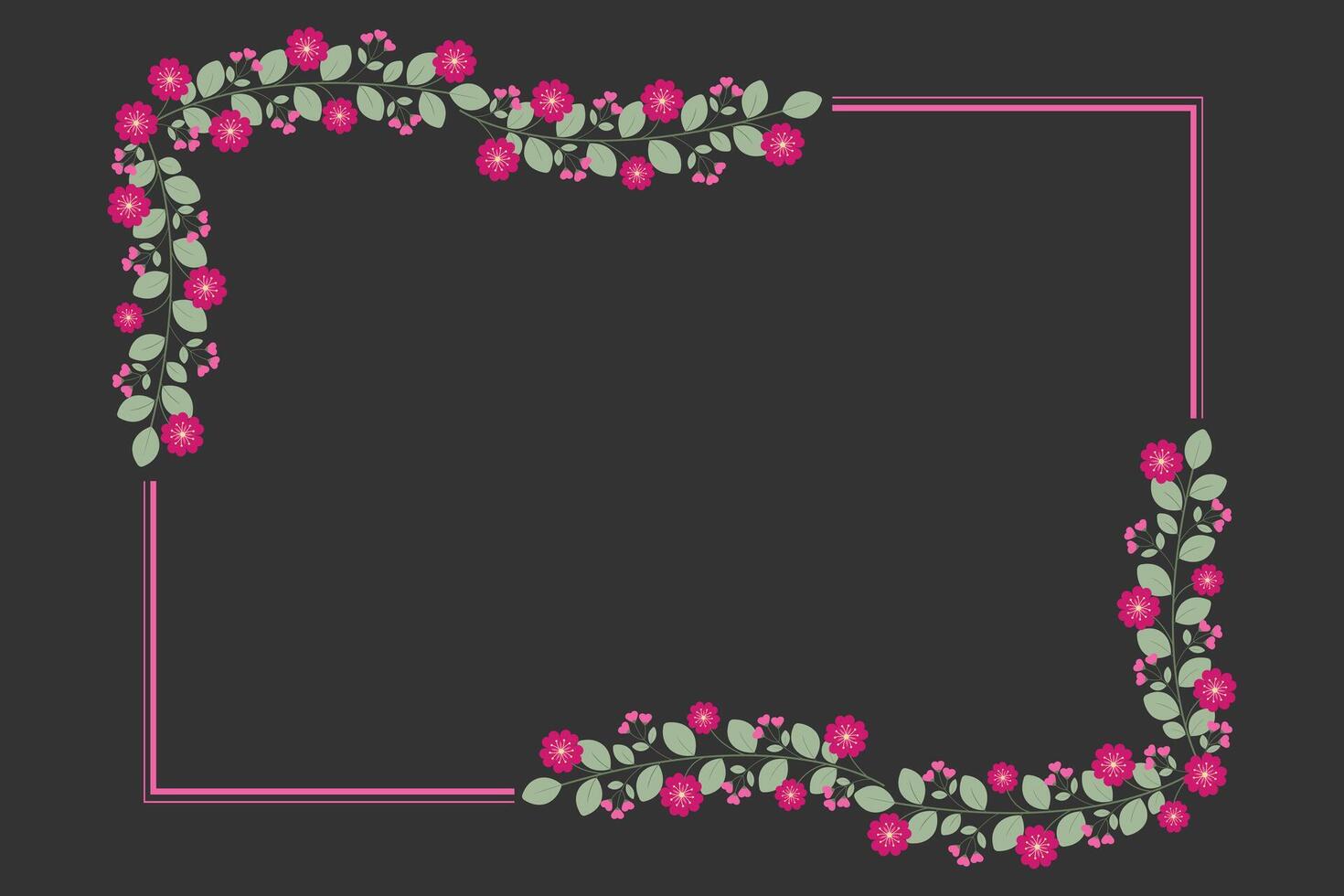 Rectangular Frame Or Wreath With Love Pink Fuchsia Flowers And Green Leaves vector