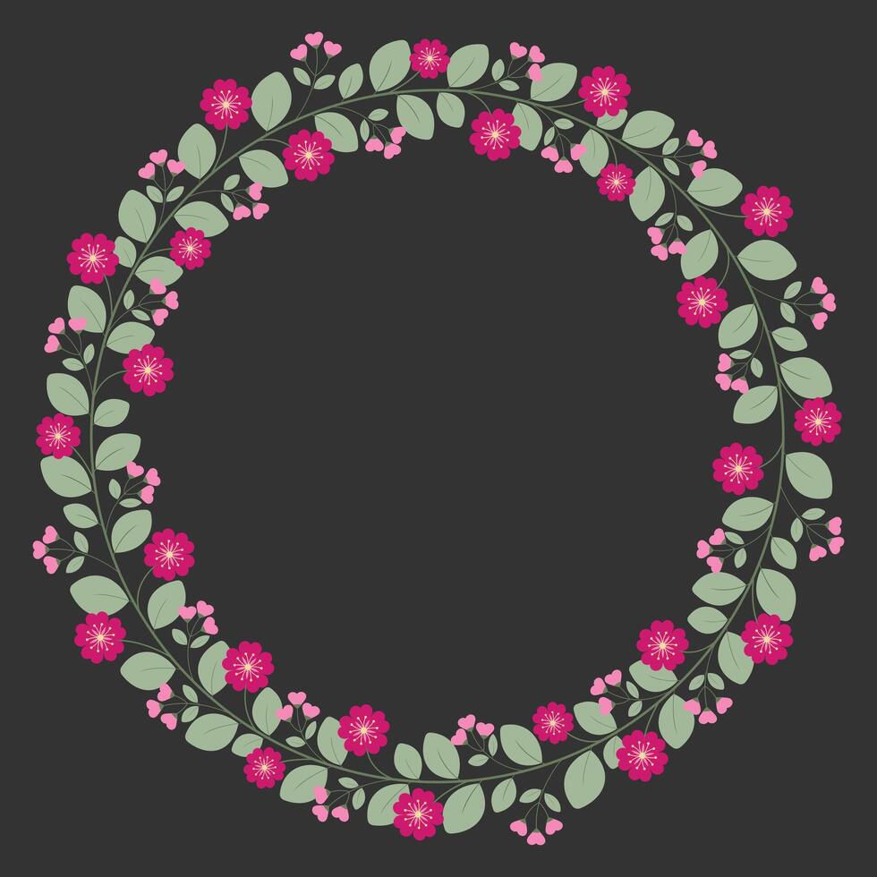 Lovely Circle Frame With Pink Fuchsia Flowers And Green Leaves vector