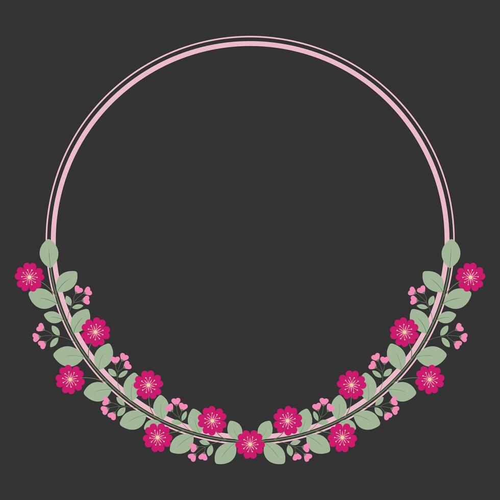 Circle Frame Or Wreath Decorated With Green Leaves And Love Pink Fuchsia Flowers vector