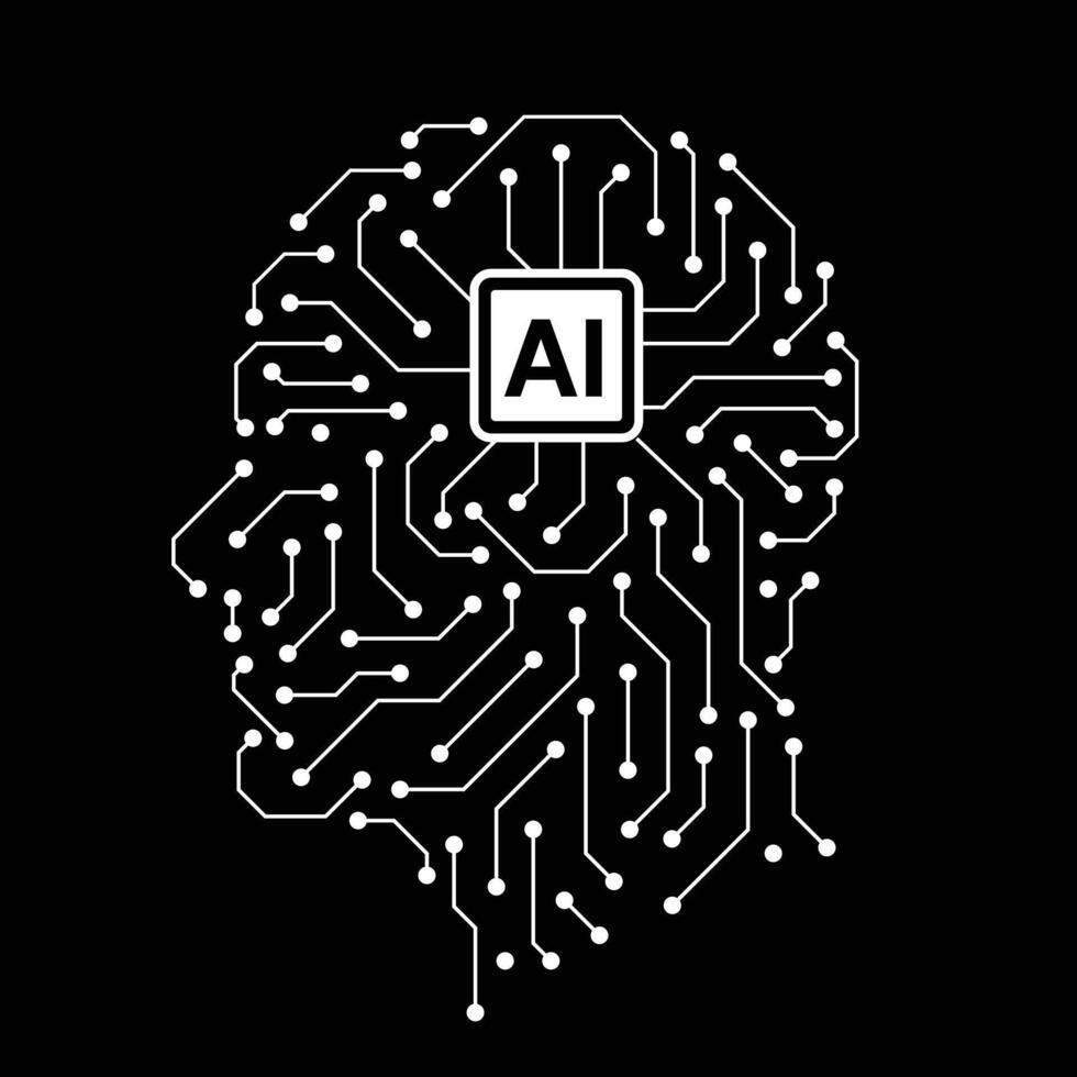 black background of a brain with a computer chip in the middle vector