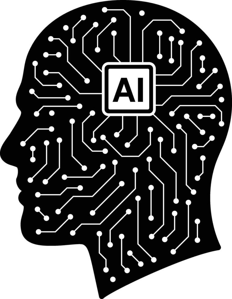black image of a brain with a computer chip, ai concept vector