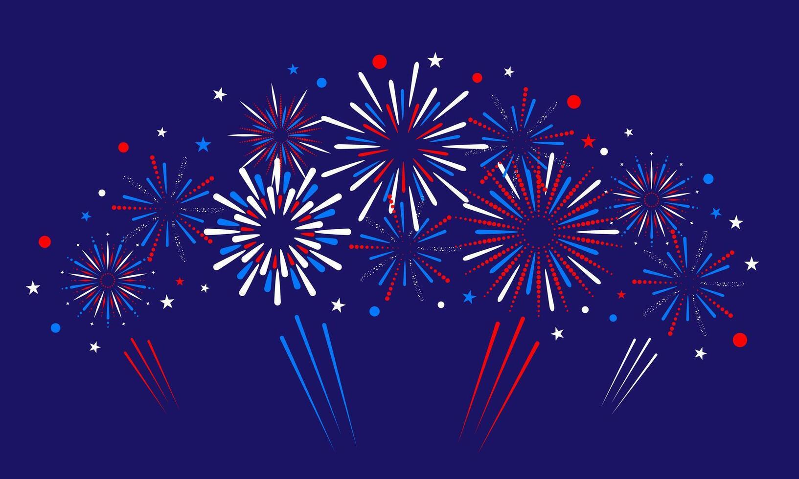 Festive fireworks on July 4th. Fireworks with stars and sparks in honor of the Independence of the United States. Fireworks in the colors of the national flag of the United States - white, red, blue vector