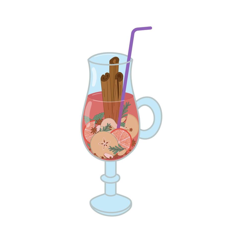 Wine glass, mug with mulled wine. Hot warming drink with fruits, spices, wine, flat color illustration on white isolated background. vector