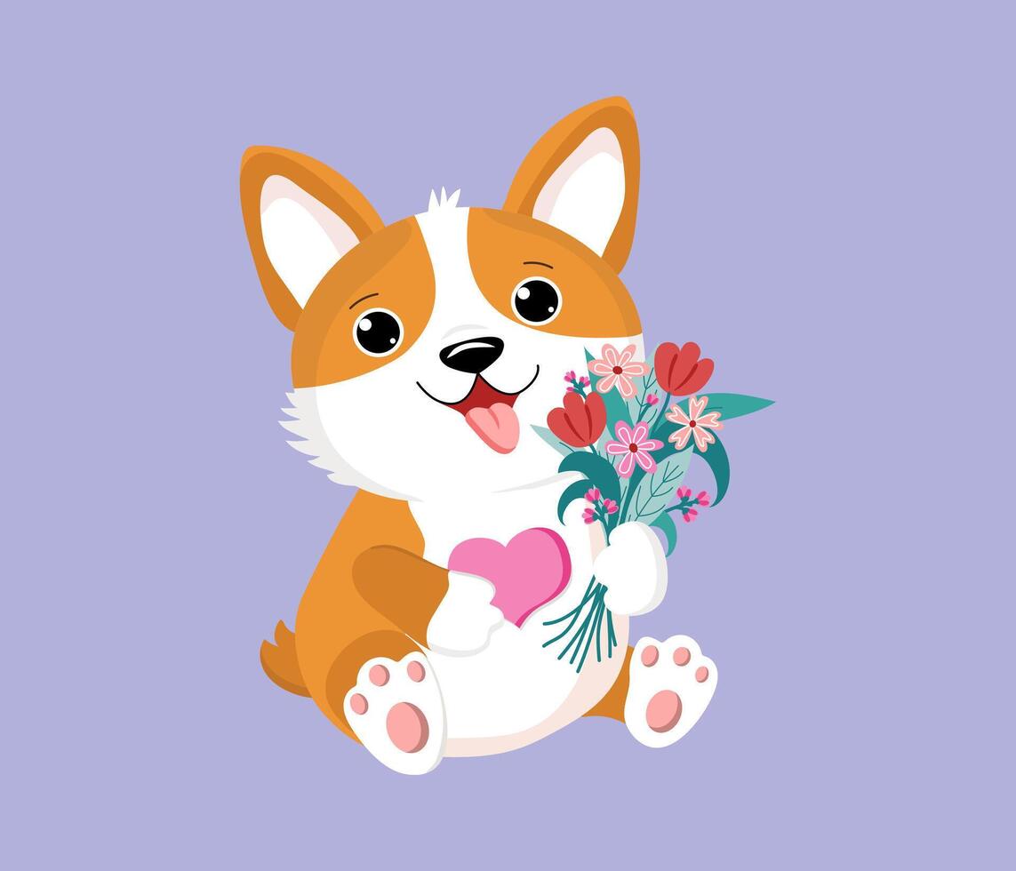 Cartoon dog with a bouquet of flowers and a heart. Cute funny puppy, corgi breed. Happy birthday greeting card design, Valentine's Day, Womens Day. vector