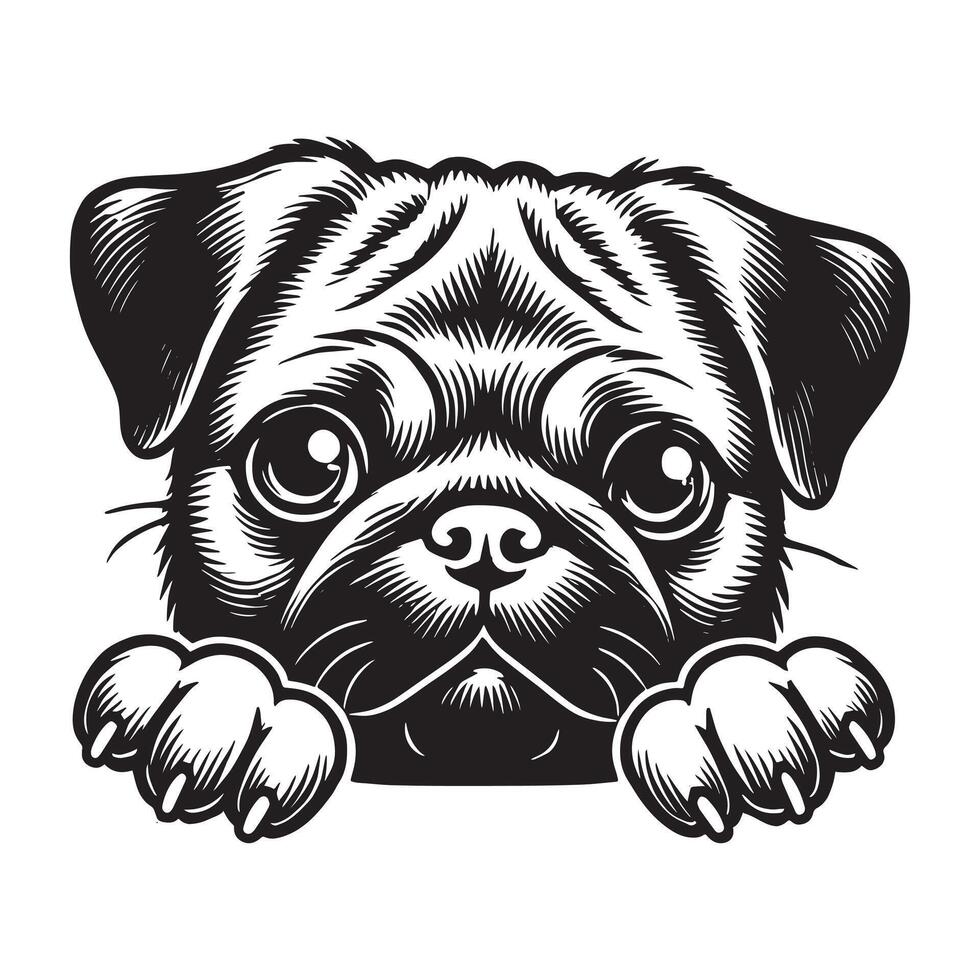 Pug Peeking dog Design Black and White vector
