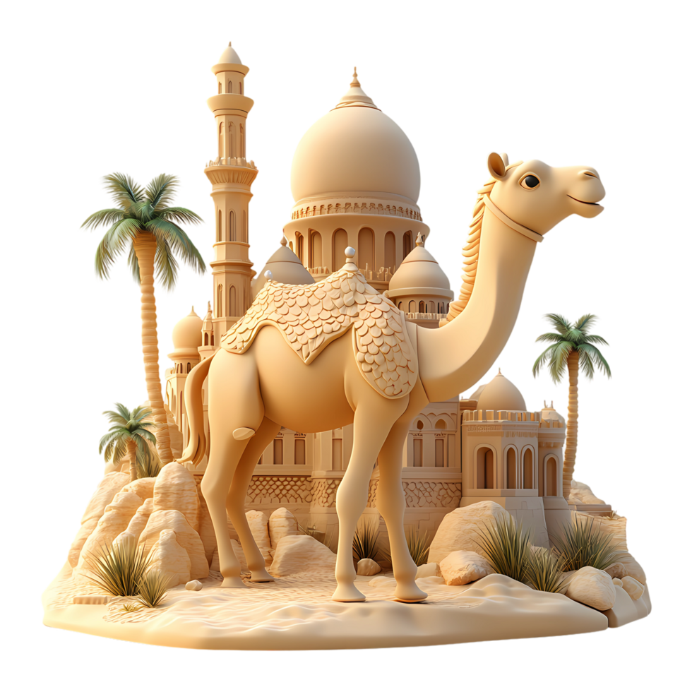 3d camel and desert scene with palm trees png