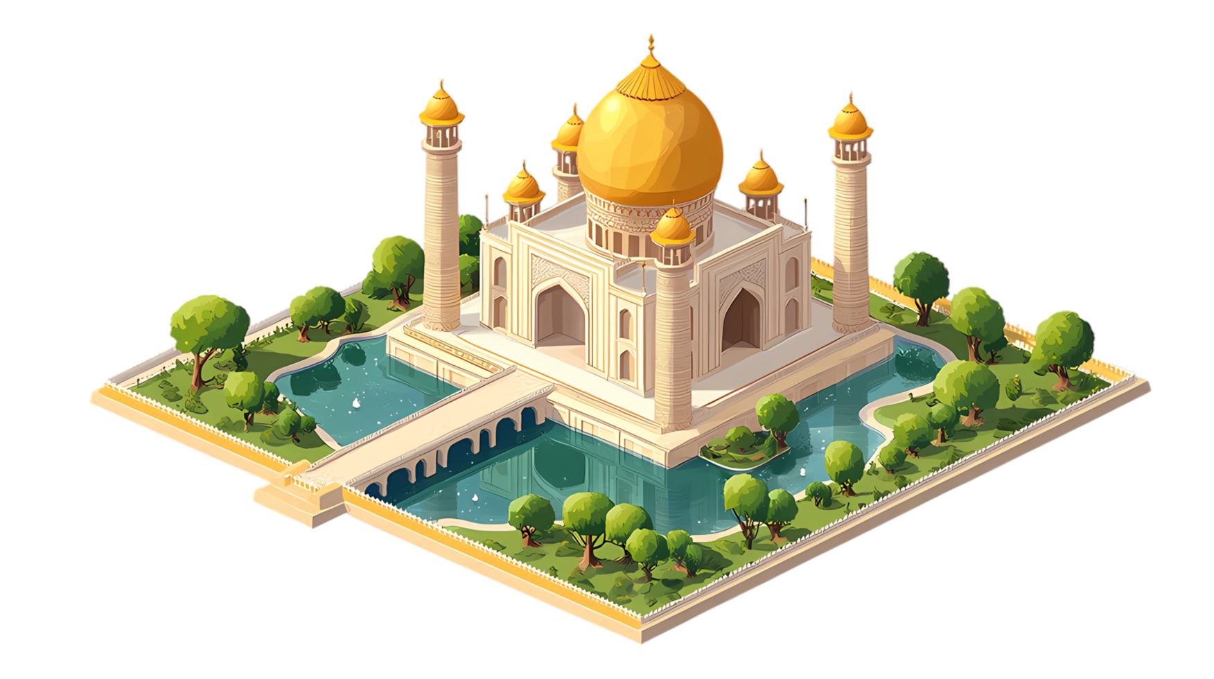 isometric illustration of stunning mosque with a pond and trees png