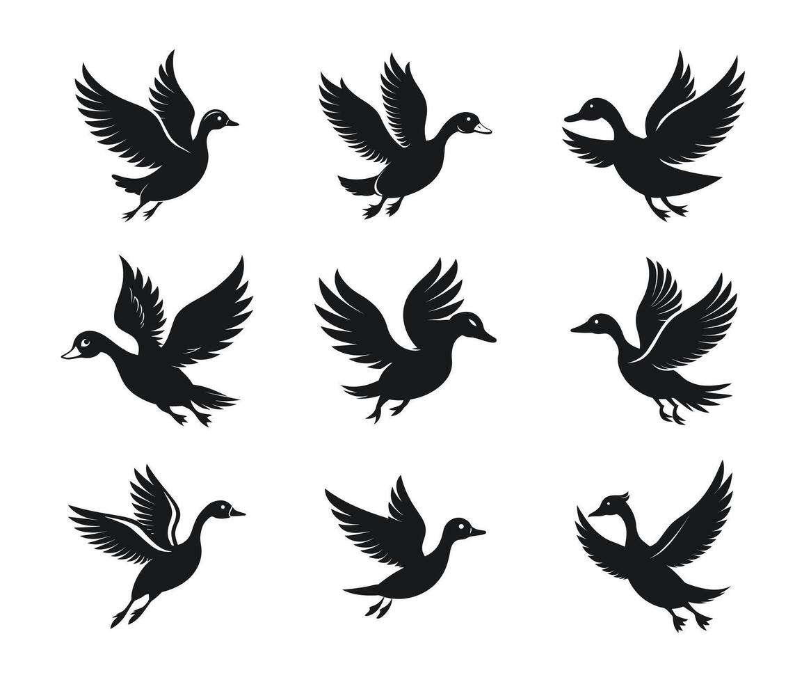 Set of flying duck silhouettes in artistic designs vector