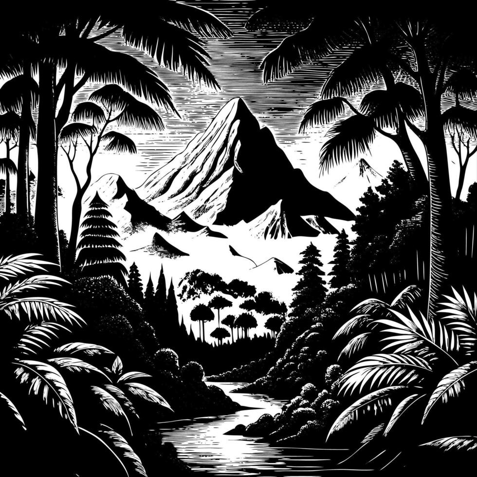 Monochrome Jungle Scene with Palm Trees and Waterfall vector