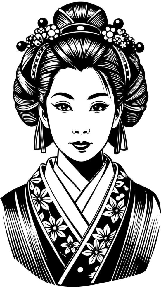 Classic Japanese Geisha Portrait with Intricate Hair Accessories and Kimono vector