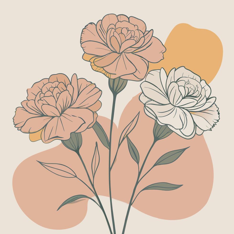 Elegant hand-drawn carnations with delicate petals and green leaves on a soft pastel background vector