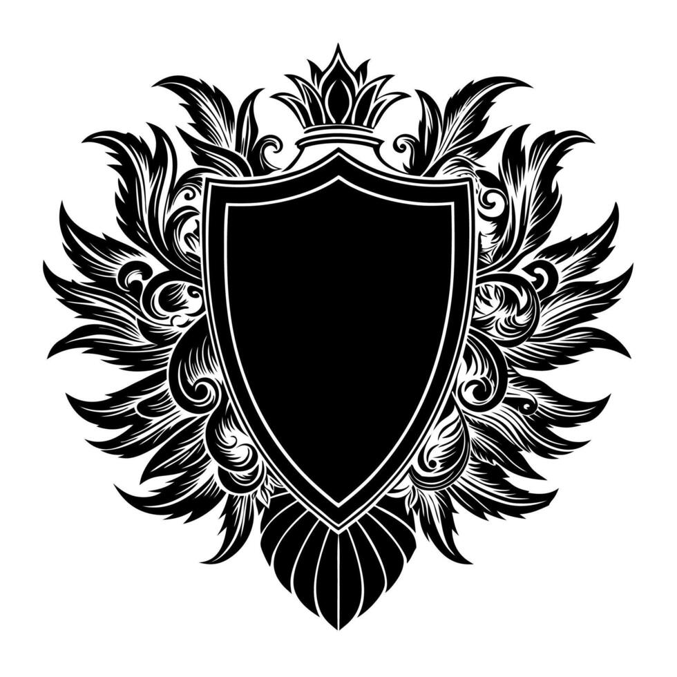 Intricate Black and White Shield with Feathers and Crown vector