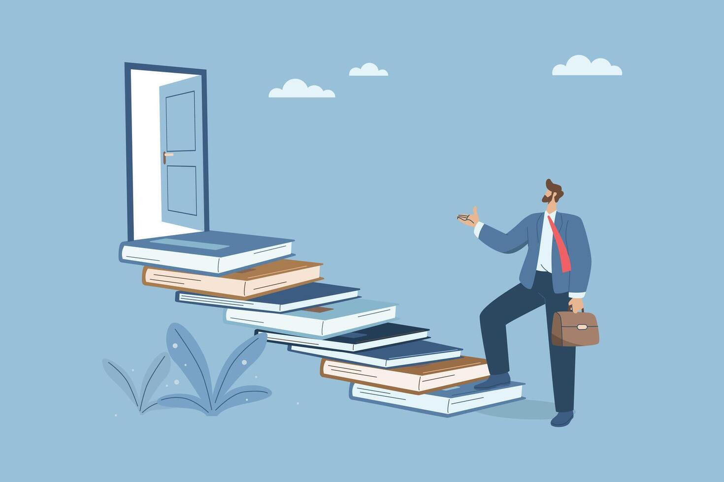 Discovering important opportunities from learning or education, Businessman climbs the book ladder to the door of opportunity, New knowledge and wisdom for great success, Development concept. vector