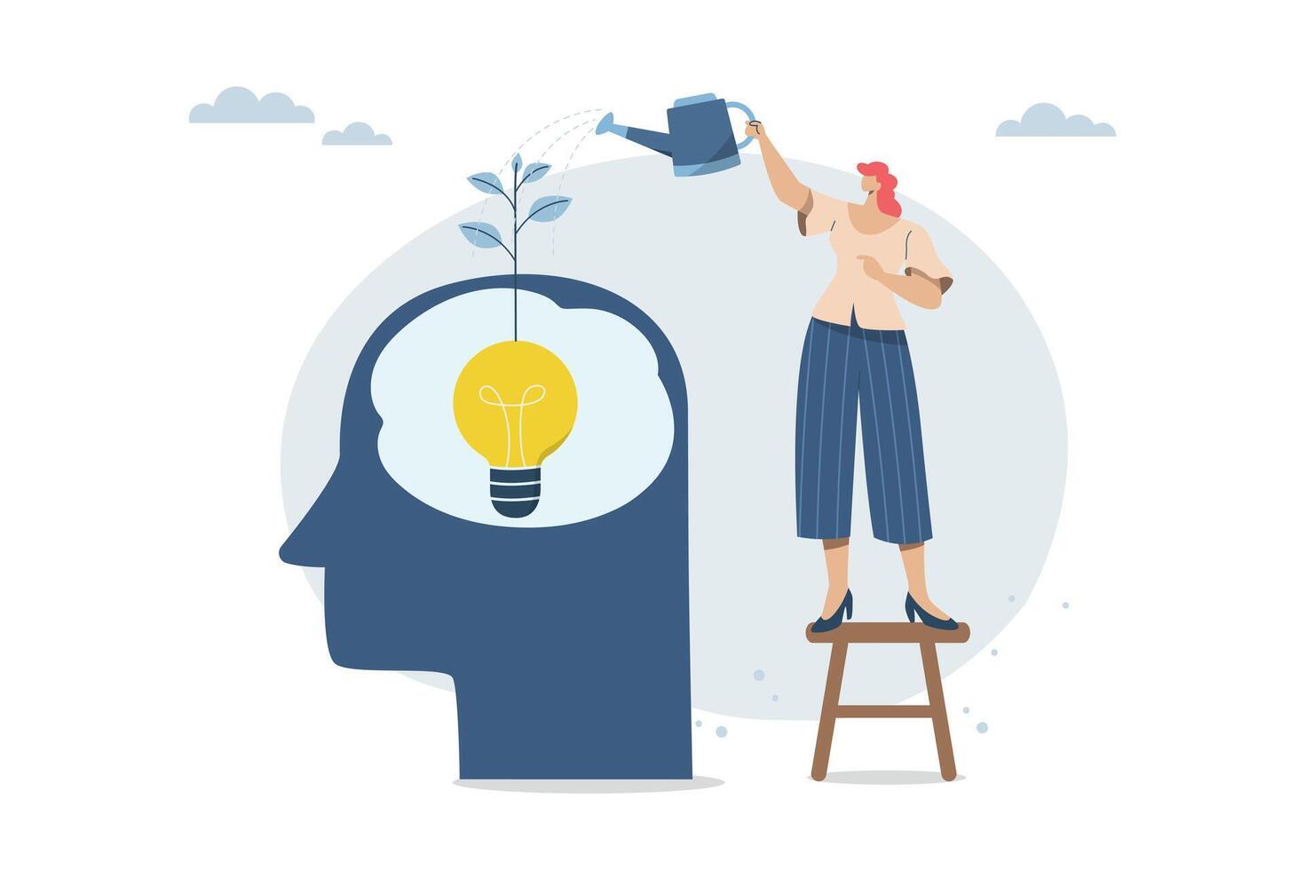 Growth concept, Businesswoman watering light bulb in businessman's head, The concept of idea growth, Development of skills or attitudes, Growth Inspiration, Flat design illustration. vector