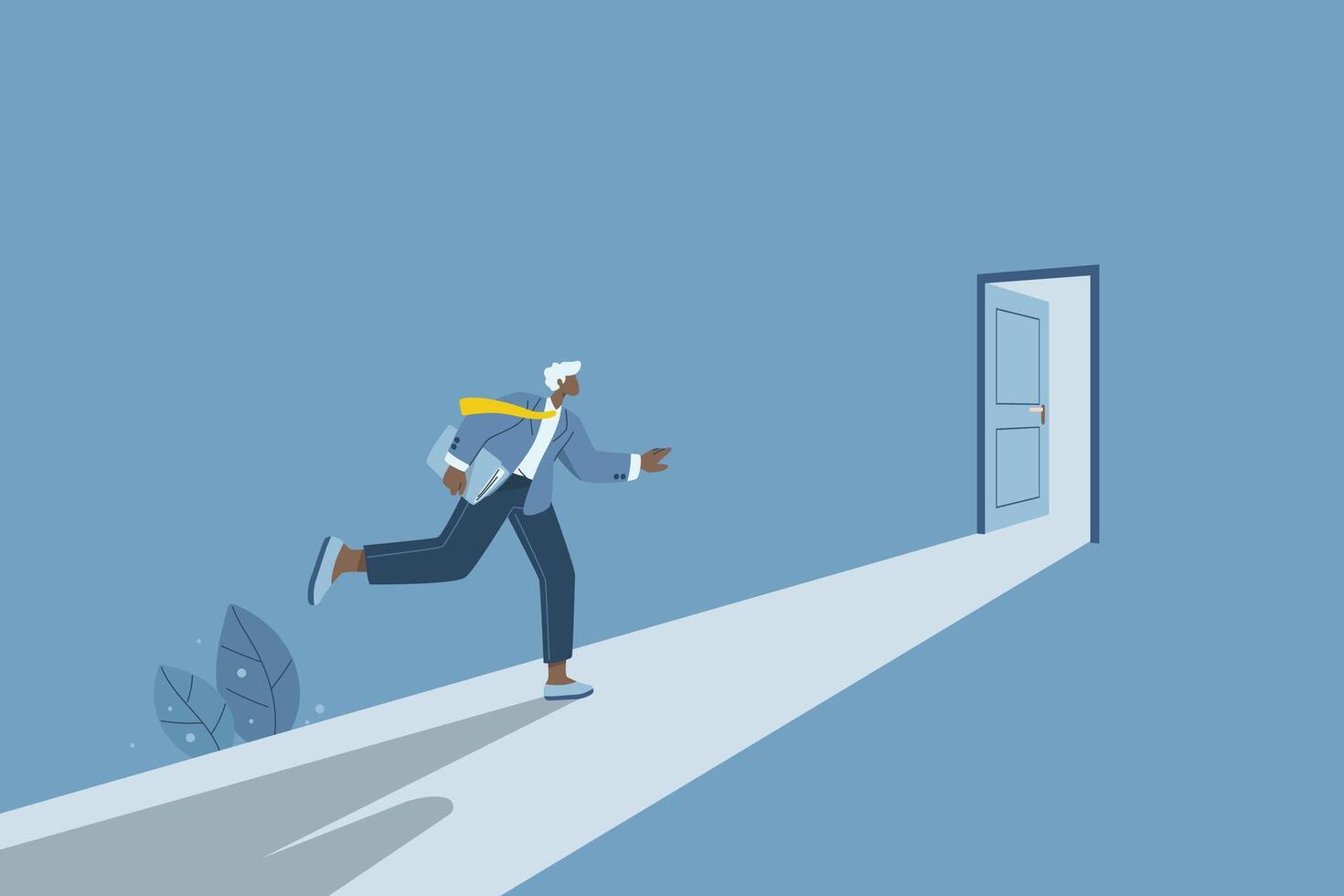 Doorway to business or career opportunities, The concept of access and success, The door to success, Career advancement or hope, Businessman runs towards a brightly lit door ahead. design. vector