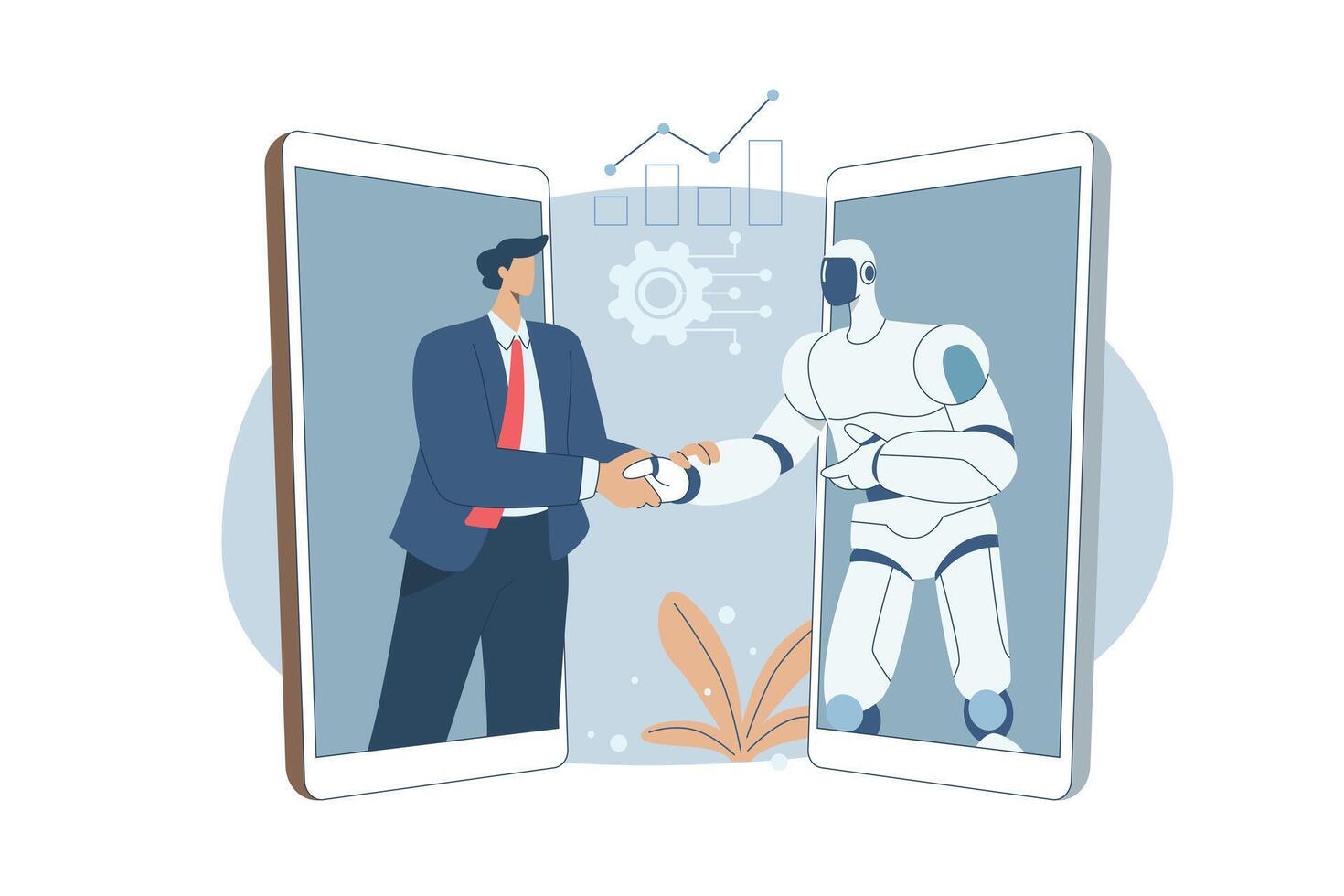 Businessman and robot handshake on smartphone screen, Robotic and human shaking hands, Online collaboration between humans and artificial intelligence, Technological advancement, design. vector
