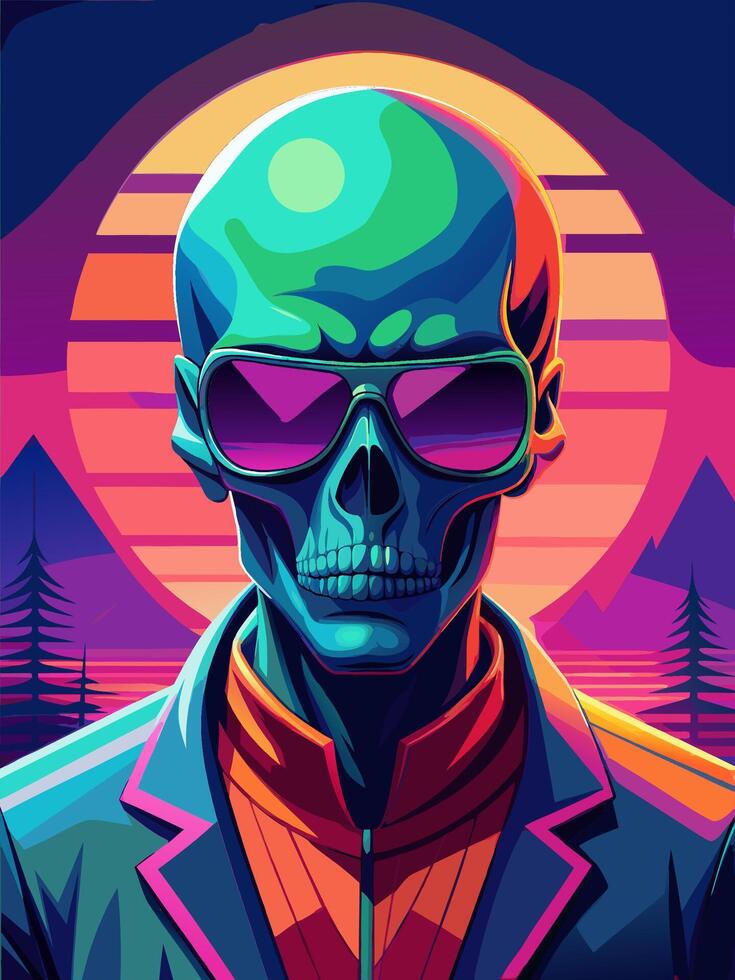 Vibrant Digital Art Portrait of Stylish Cyber Hero in Urban Sunset vector