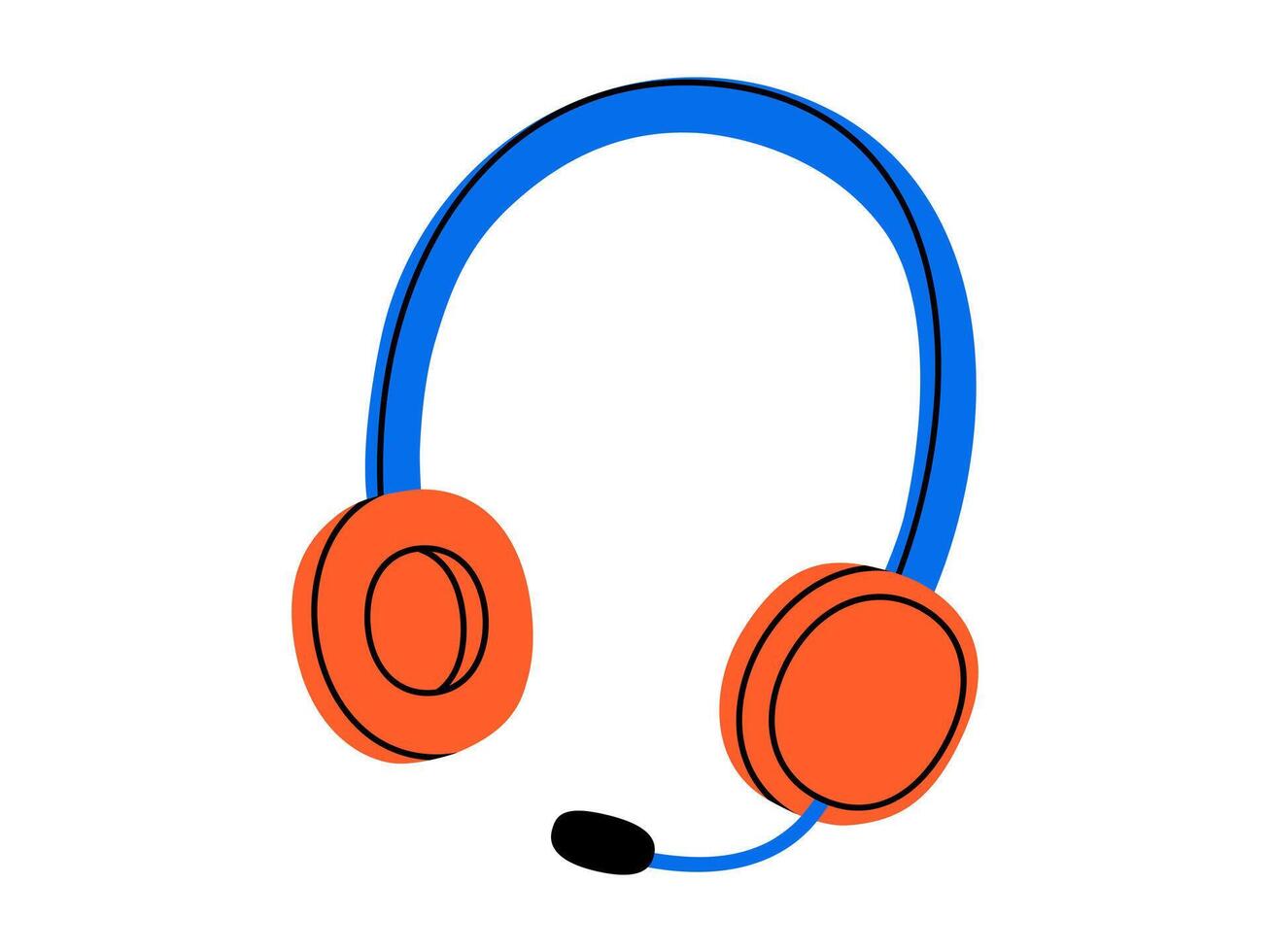 Hand drawn cute cartoon illustration of headphones with microphone. Flat wireless headset in doodle style. Support or help service icon. Customer assistance. Call center operator. Isolated. vector