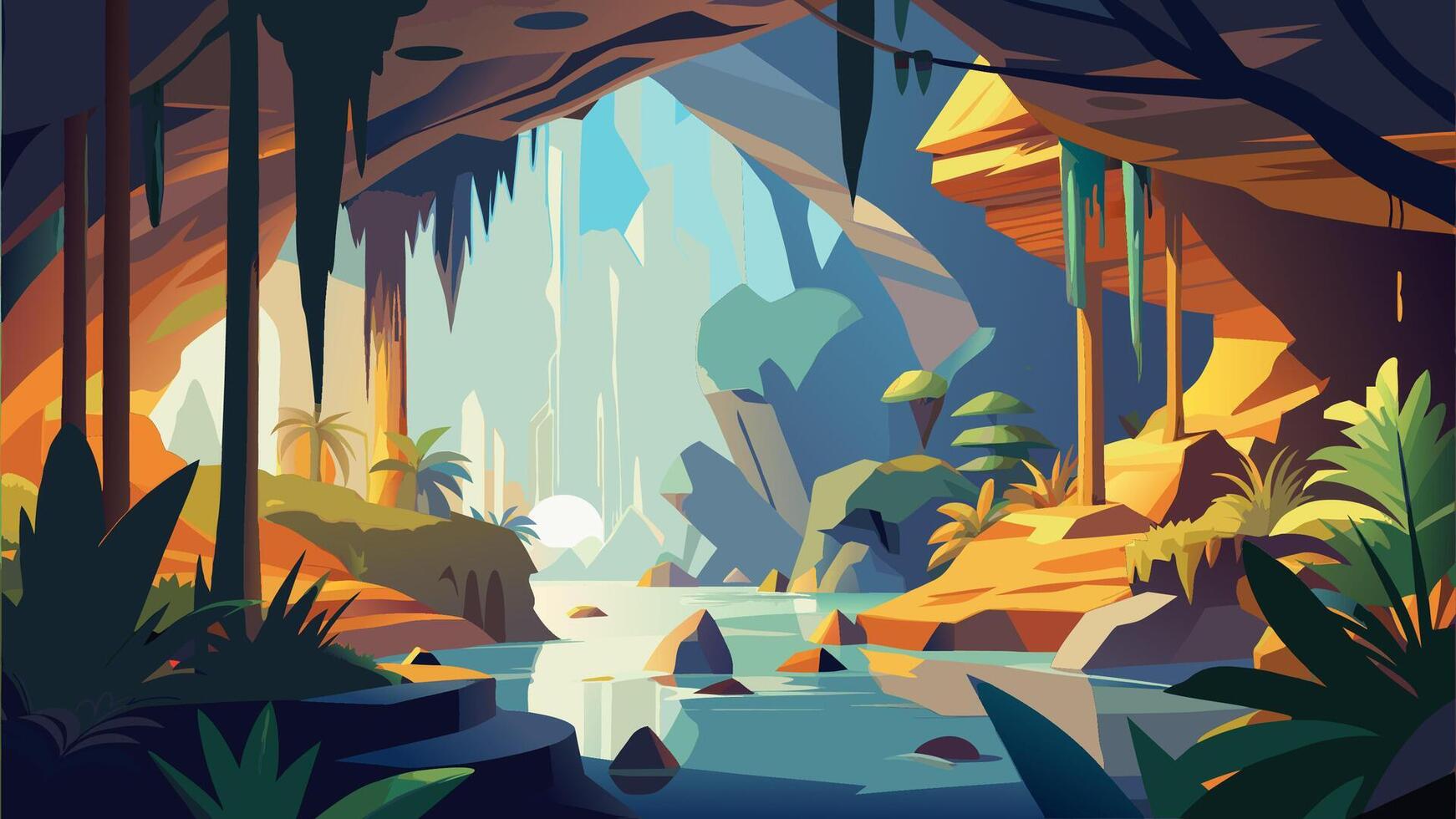 Enchanting tropical jungle with a hidden waterfall and lush vegetation vector