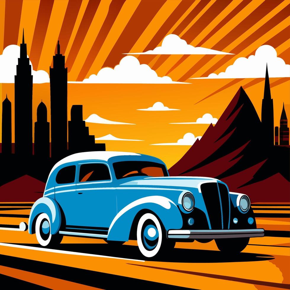 Classic Blue Car Cruising Through a City at Sunset vector