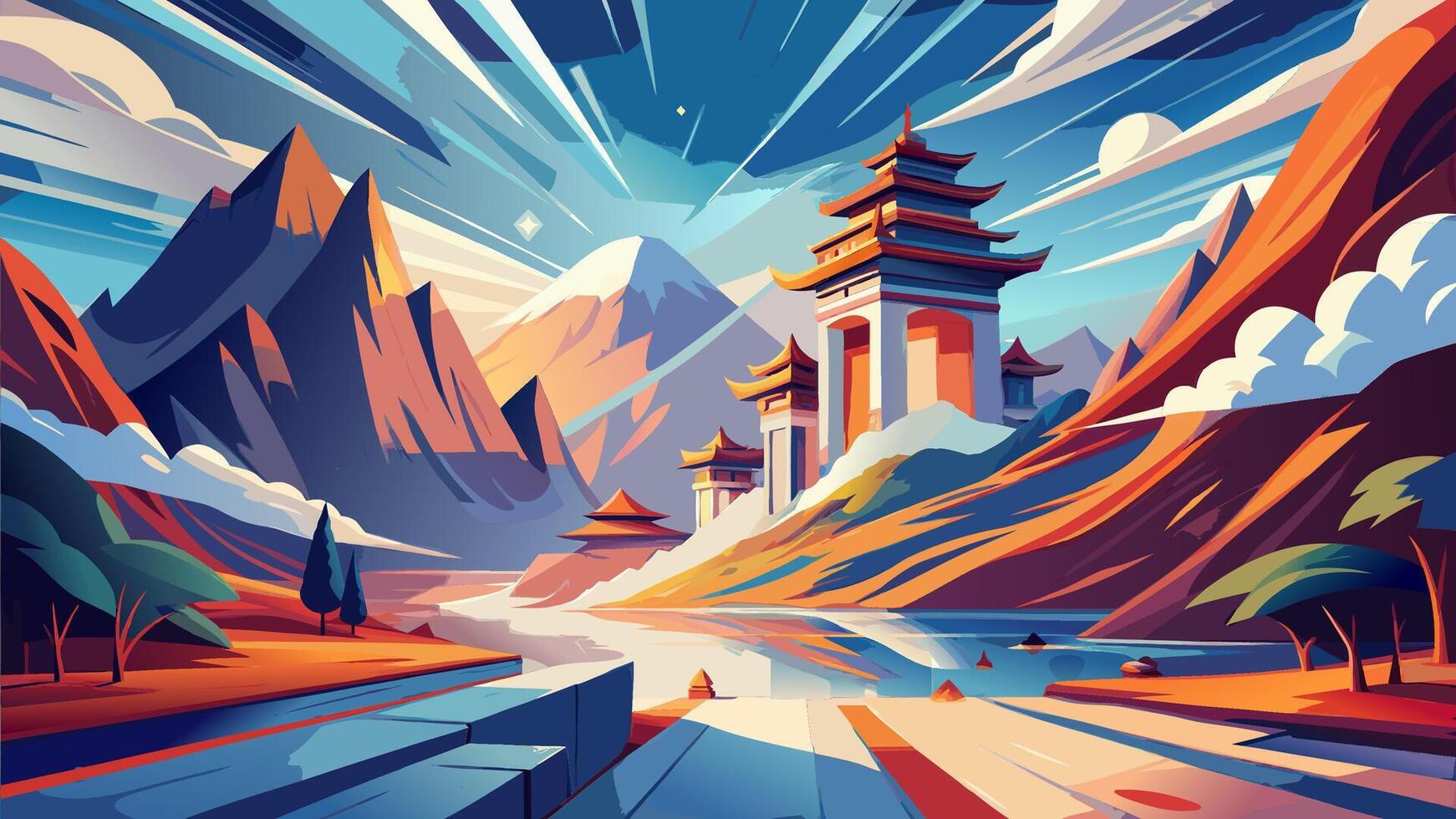 Ancient Temple Nestled in Majestic Mountains with River vector