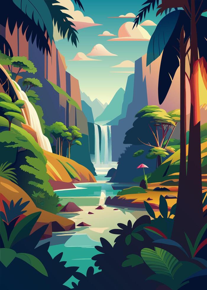 Serene Jungle Scene with Cascading Waterfall and Vibrant Foliage vector