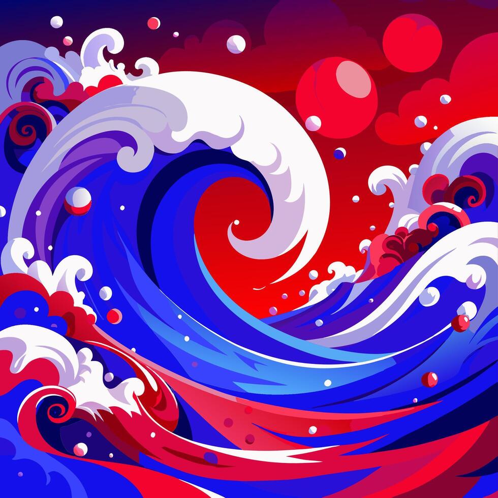 Colorful Wave Artwork Featuring Blue and Red Swirls and Foamy Crests vector