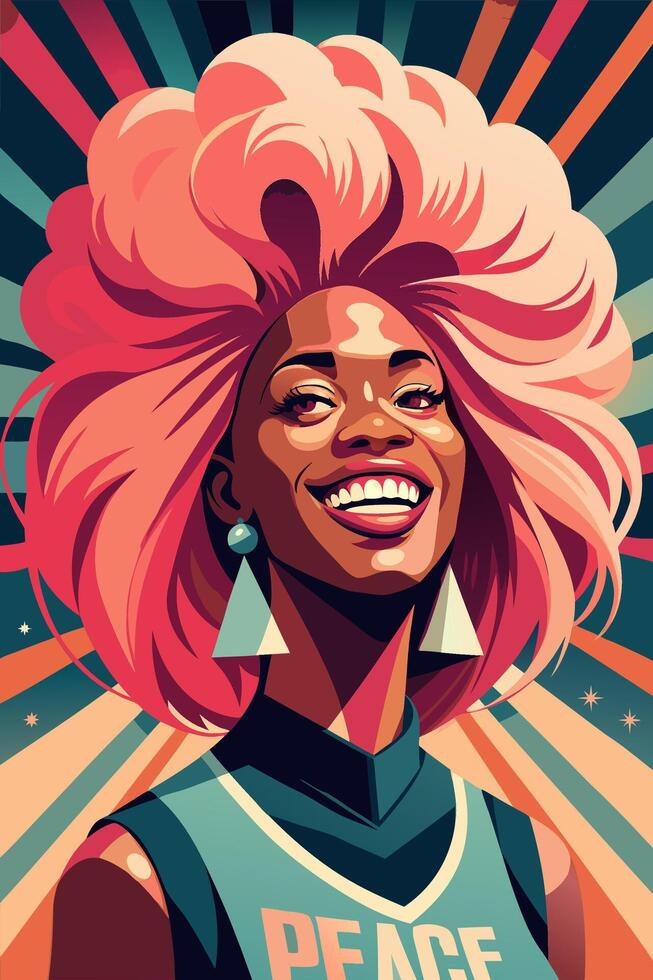 Bright and Joyful Woman with Pink Hair and Triangular Earrings vector