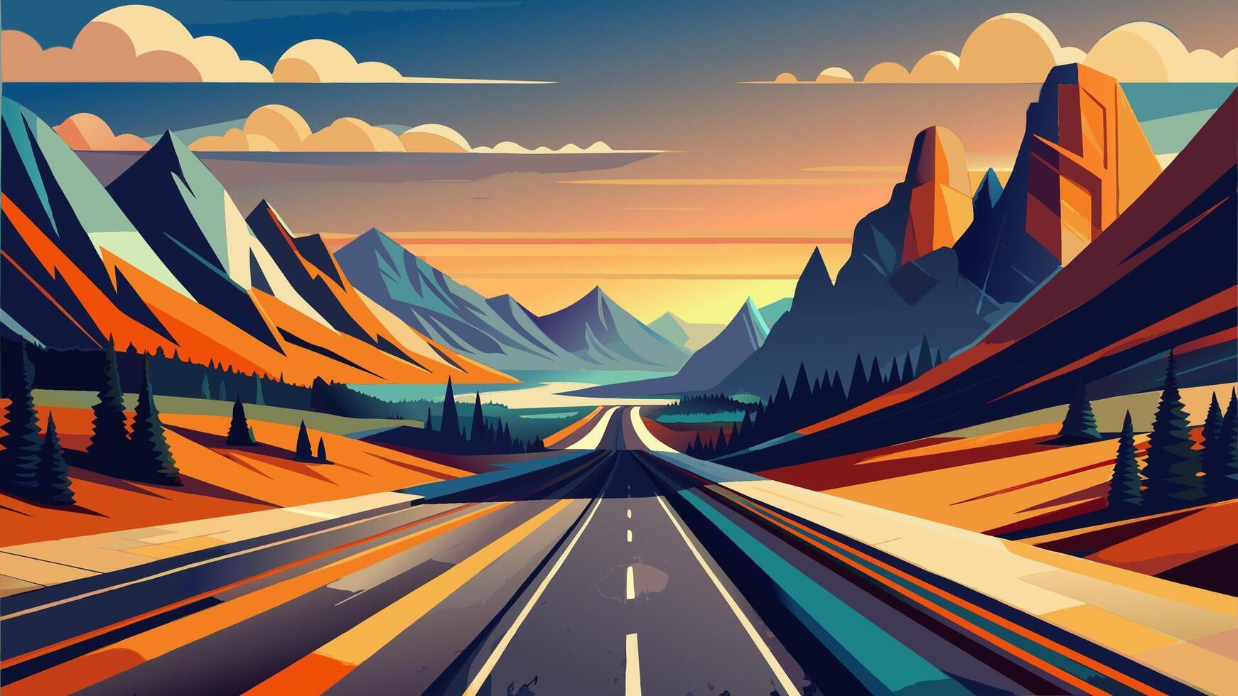 Highway Through Majestic Mountains at Dusk vector