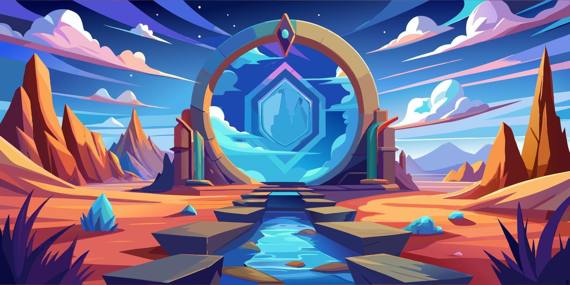 Futuristic Landscape with Crystal Gateway and Mountains vector