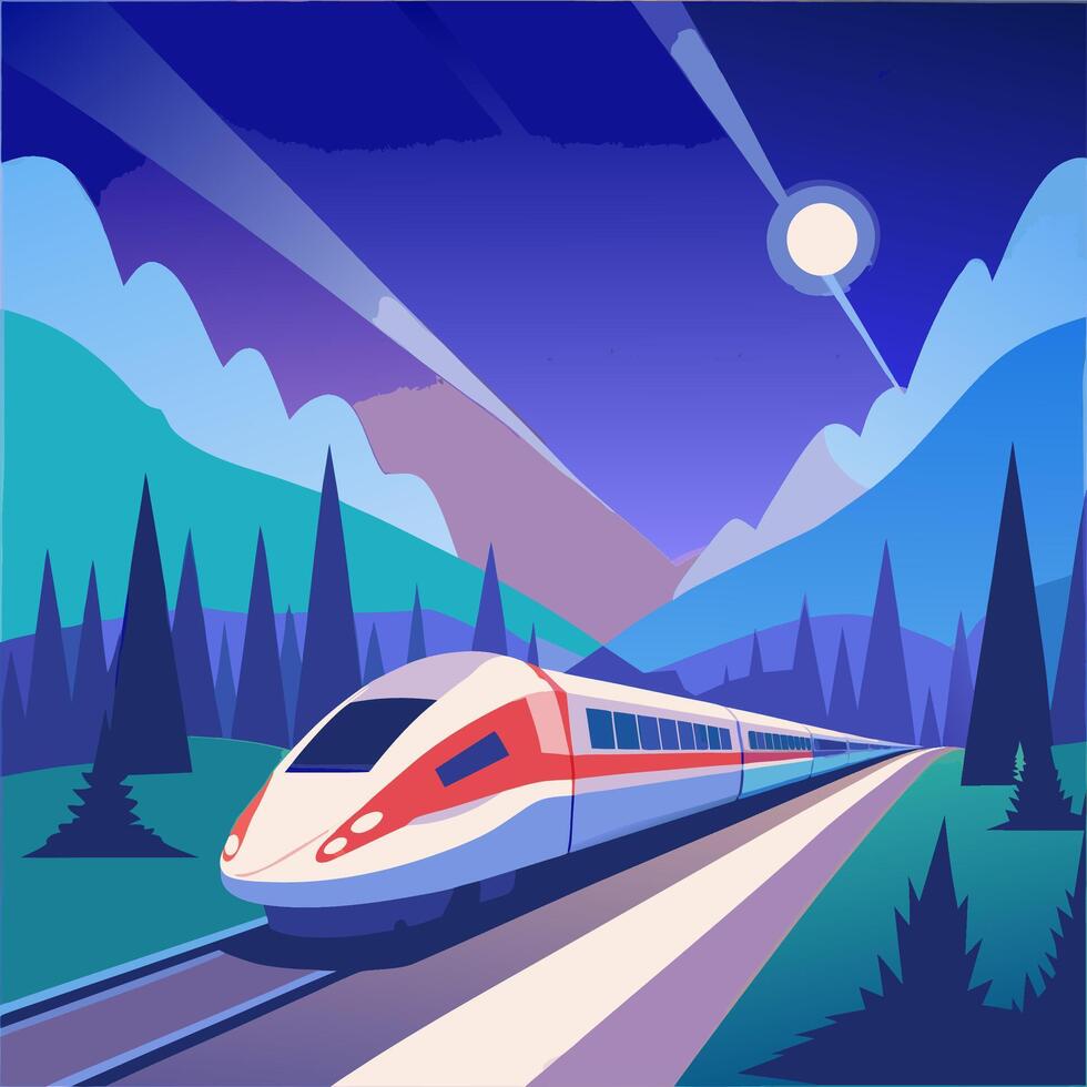 Modern Electric Train Traveling Through Forested Mountain Range at Night vector