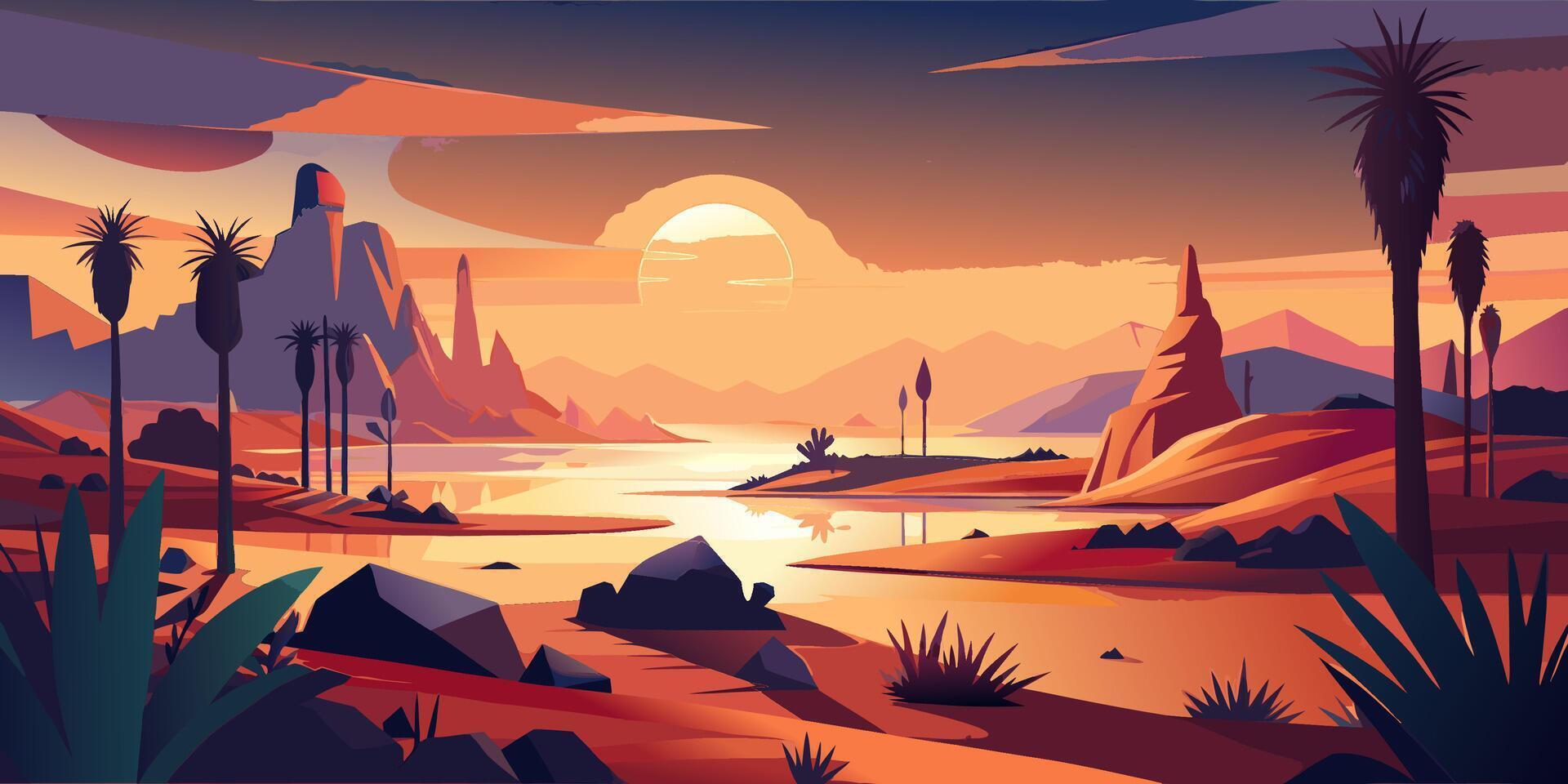 Desert Oasis at Sunset with Palm Trees and Rocky Landscape vector