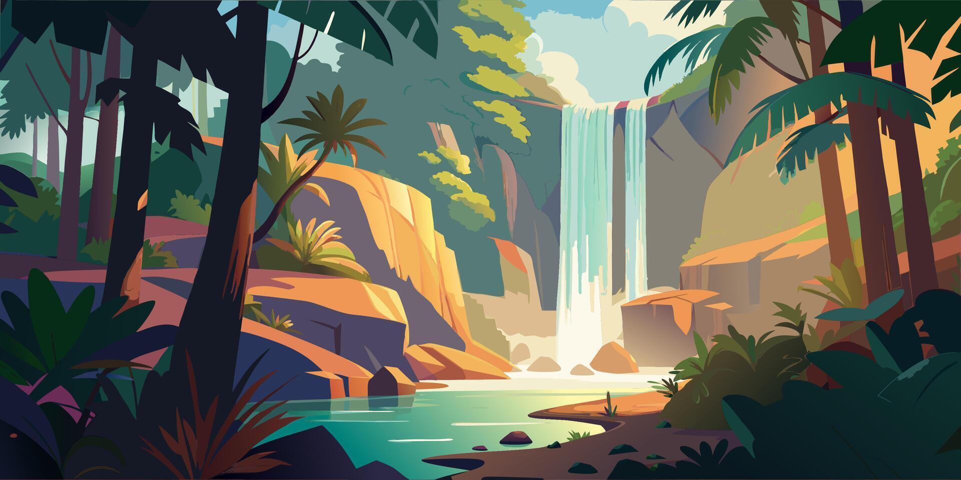 Enchanting Forest Landscape with Sparkling Waterfall and Dense Vegetation vector