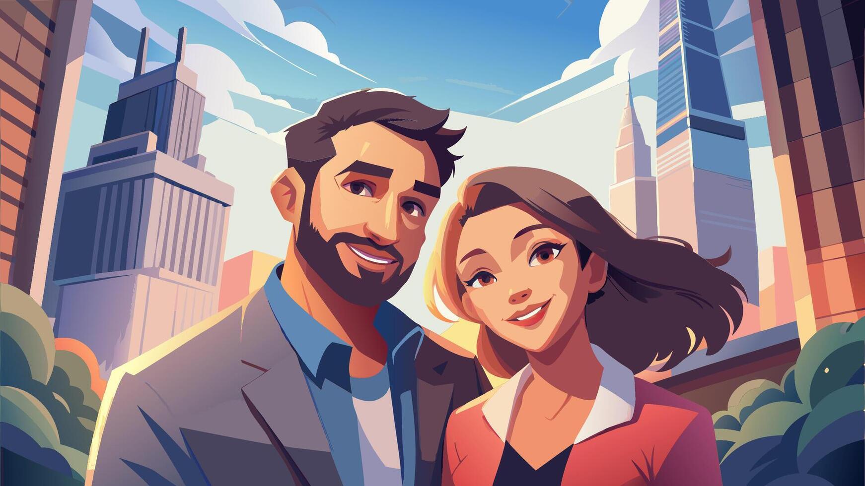 Smiling Couple Posing in Front of Modern City Skyline vector